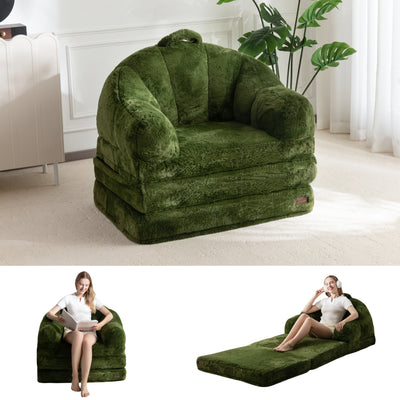 MAXYOYO Folding Sofa Bed, 2 in 1 Convertible Sofa to Lounger Comfy Single Bean Bag Chair for Adults, Floor Sleeper Couch with Handle, Faux Fur Couch Bed for Living Room Bedroom, Green