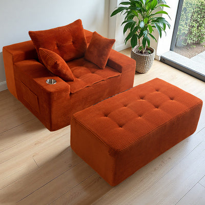 MAXYOYO Oversized Chaise Lounge Sofa with Ottoman – Deep Seat Tufted Sleeper Chair with 3 Pillows, Orange