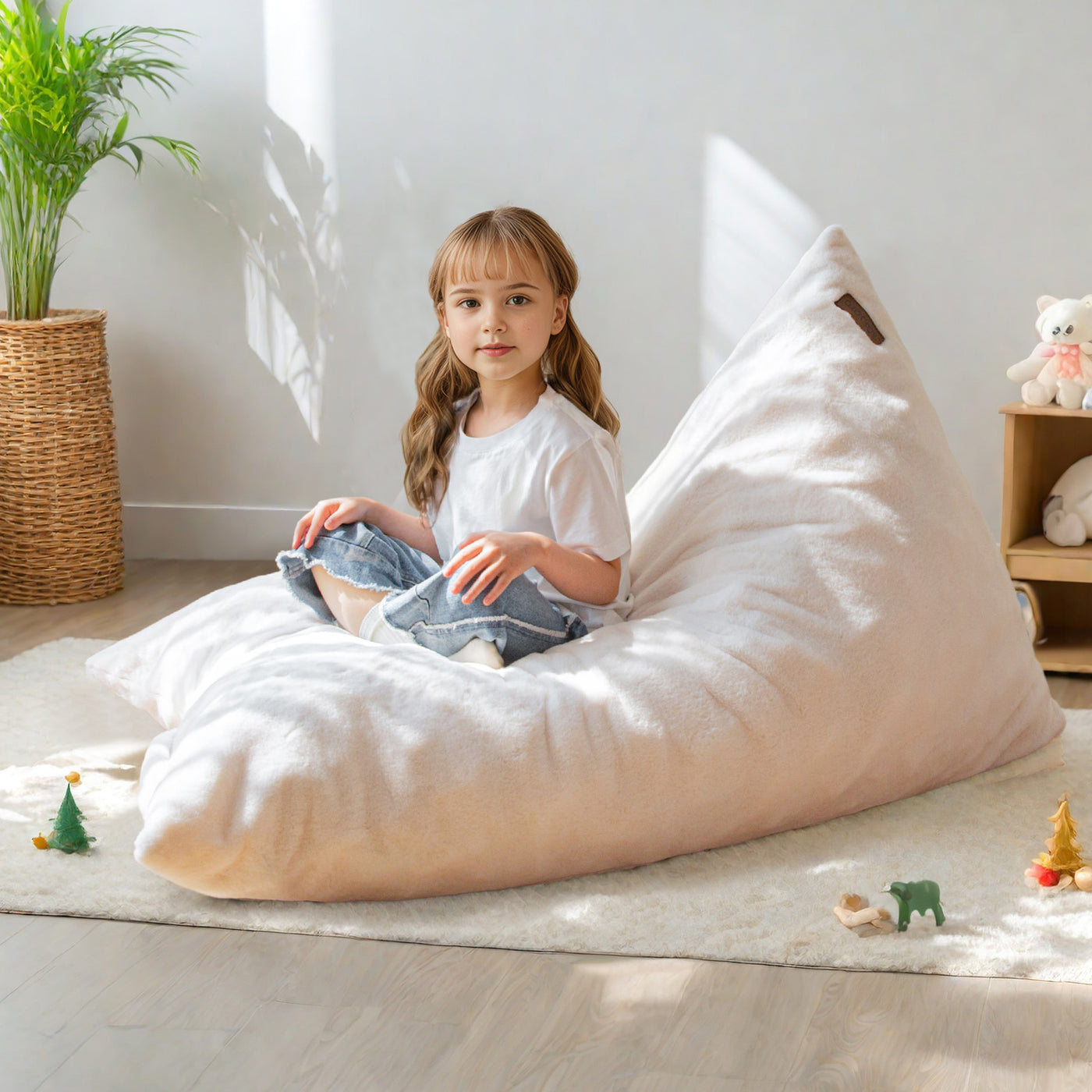 MAXYOYO Kids Bean Bag Chair - Handle Design, High-Density Foam Floor Lounger, White