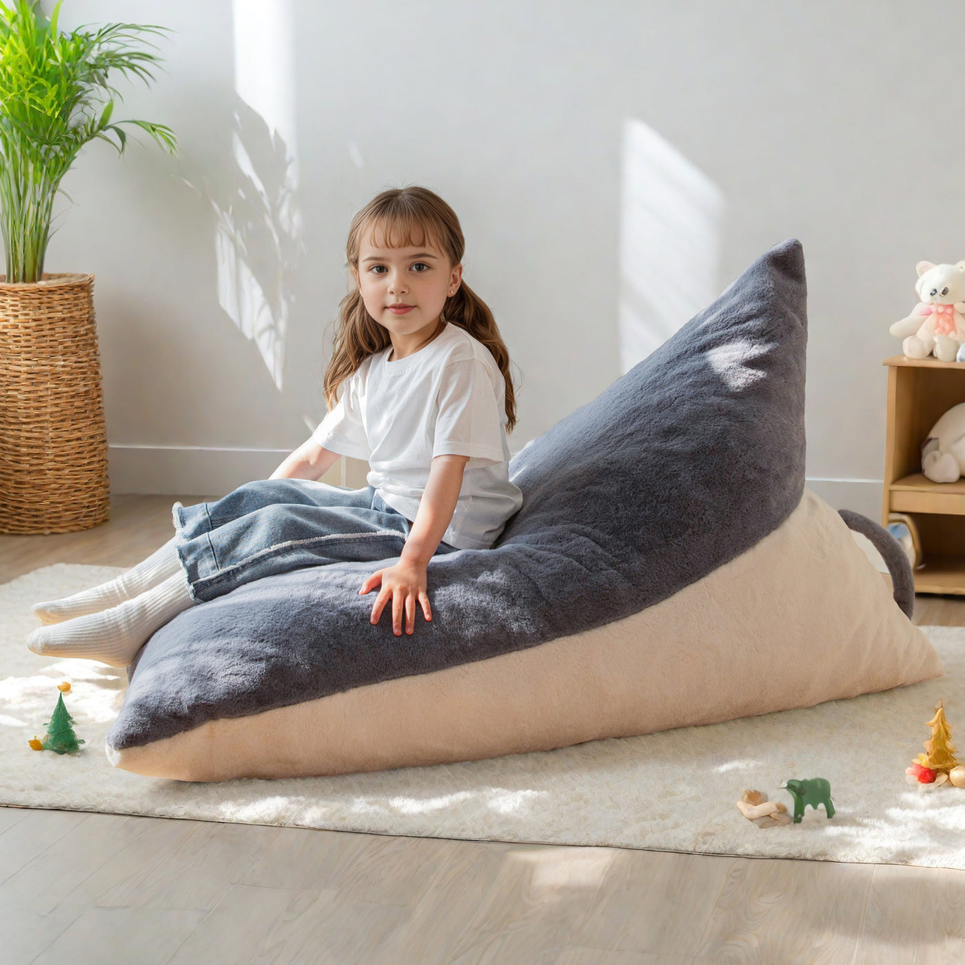MAXYOYO Kids Bean Bag Chair - 2-Tone Handle Design, High-Density Foam Floor Lounger, Grey & White
