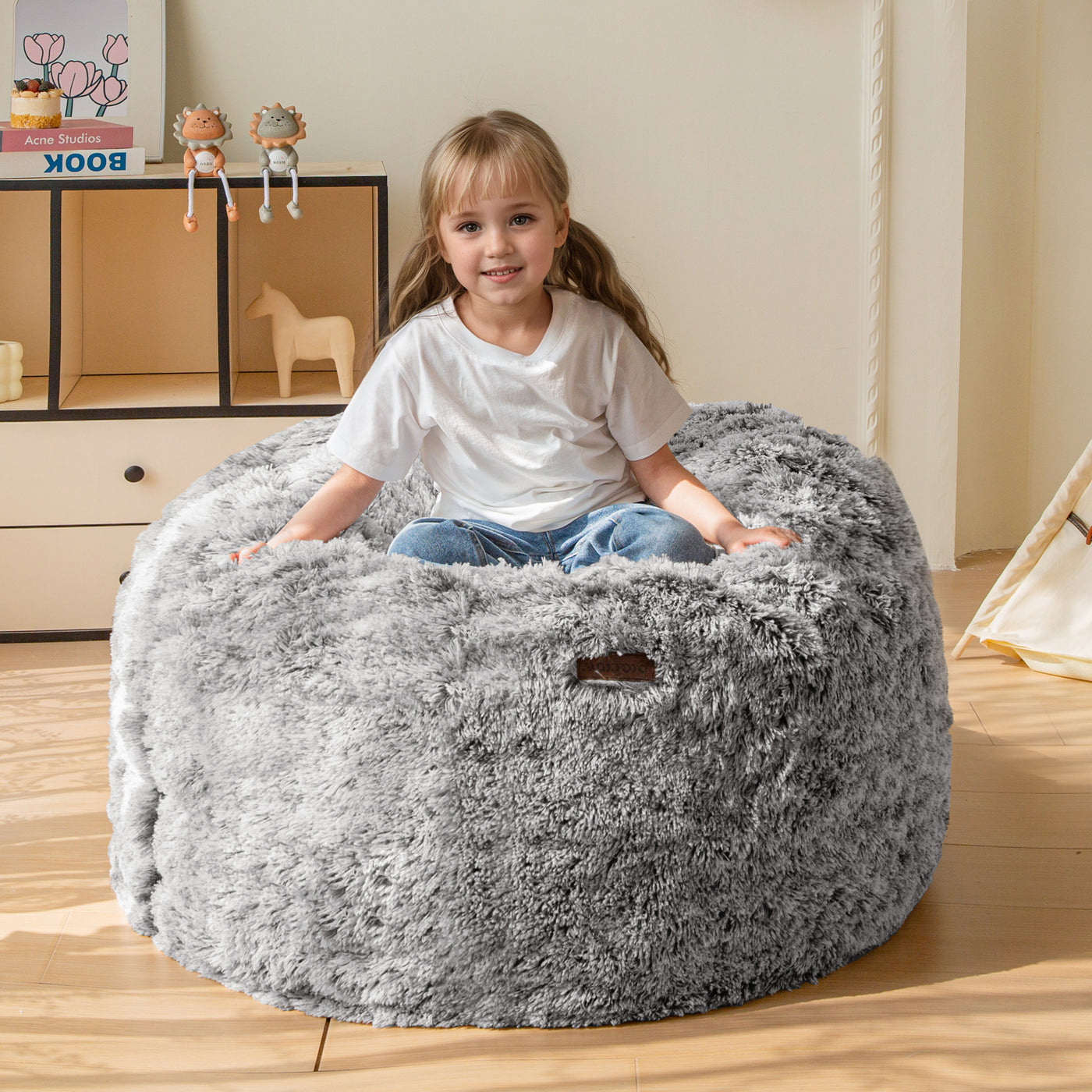 MAXYOYO Kids Bean Bag Chair, Stuffed Faux Fur Bean Bag for Toddler, Ultra Soft Floor Sofa with High-Density Foam Filling, Lazy Chair for Living Room, Playroom, Nursery Room,Black