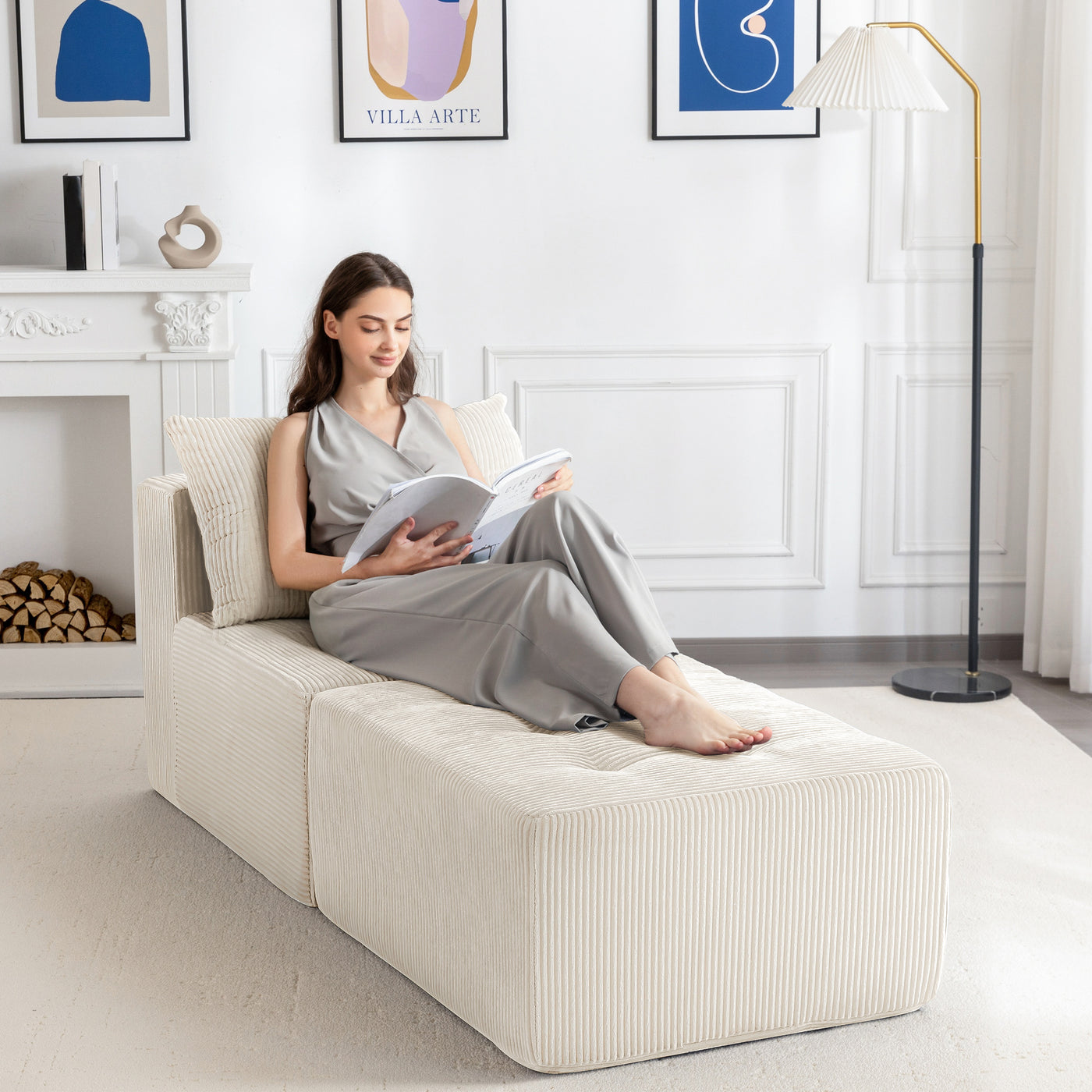 MAXYOYO Modular Sectional Chaise Lounge, Versatile Sofa Chair with Ottoman, Deep Seat Boneless Sofa for Living Room, Tufted Cozy Cloud Couch Lounge with Cushion, No Assembly Required, Beige