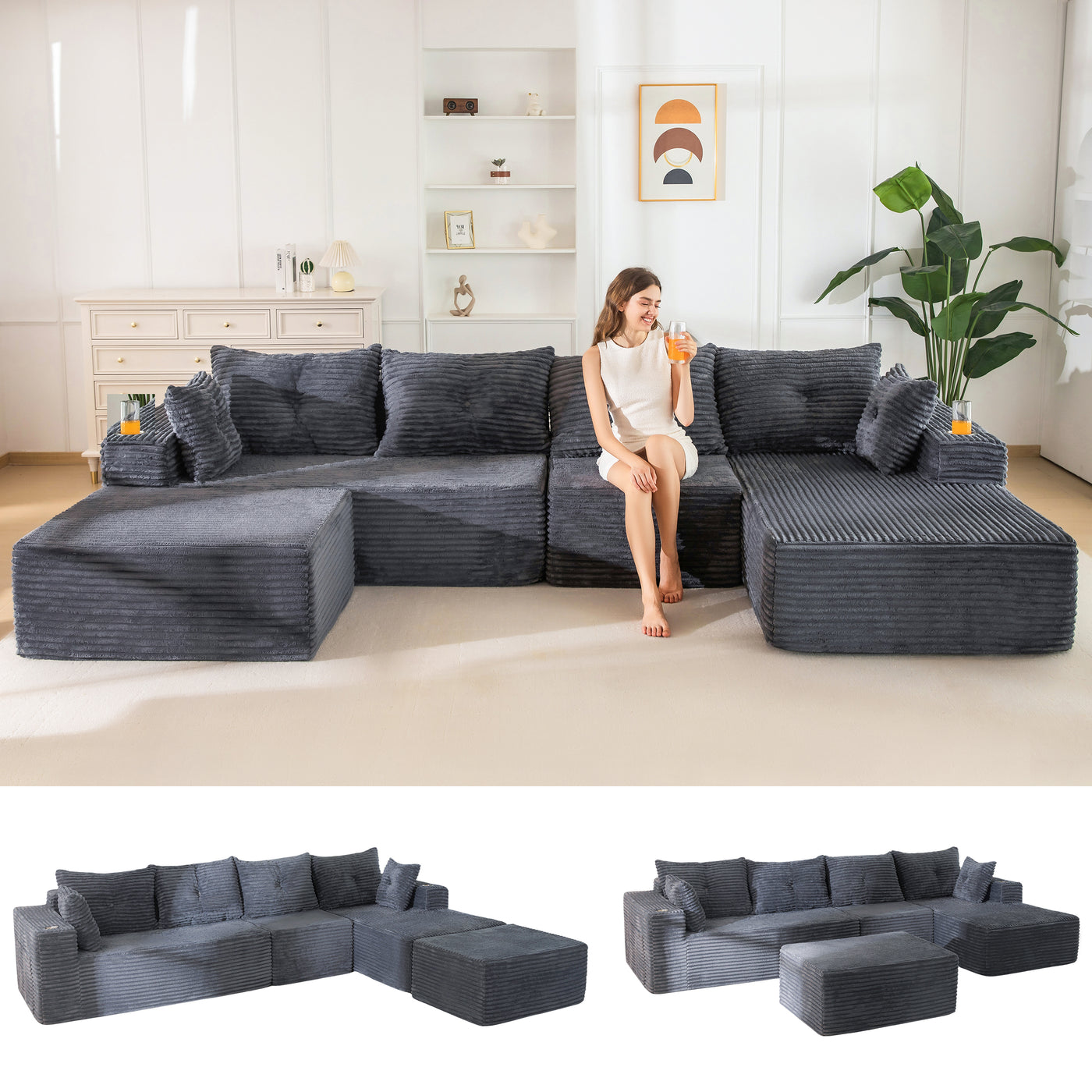 MAXYOYO 104" U-Shaped Modular Sectional Couch, Modern Boneless Couch for Living Room, Sofa in A Box, Oversized Sofa Sleeper with Deep Seat, No Assembly Required