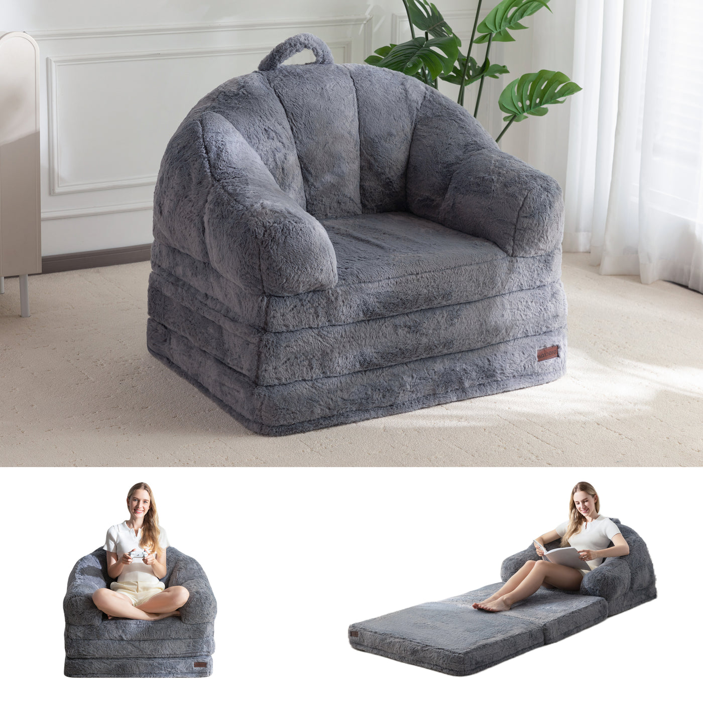 MAXYOYO Folding Sofa Bed, 2 in 1 Convertible Sofa to Lounger Comfy Single Bean Bag Chair for Adults, Floor Sleeper Couch with Handle, Faux Fur Couch Bed for Living Room Bedroom, Grey