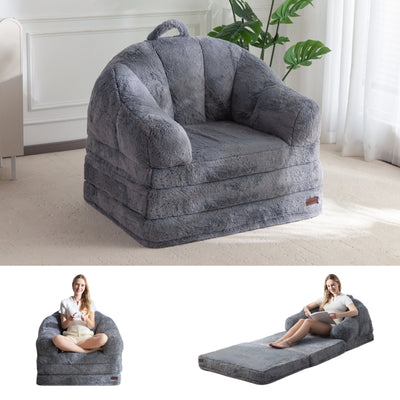 MAXYOYO Folding Sofa Bed, 2 in 1 Convertible Sofa to Lounger Comfy Single Bean Bag Chair for Adults, Floor Sleeper Couch with Handle, Faux Fur Couch Bed for Living Room Bedroom, Grey