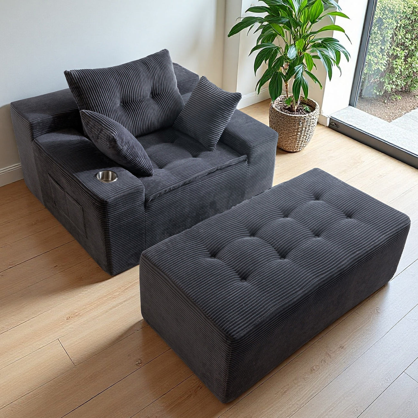 MAXYOYO Oversized Chaise Lounge Sofa with Ottoman – Deep Seat Tufted Floor Couch, No-Assembly, Grey