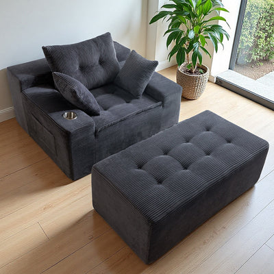 MAXYOYO Oversized Chaise Lounge Sofa with Ottoman – Deep Seat Tufted Floor Couch, No-Assembly, Grey