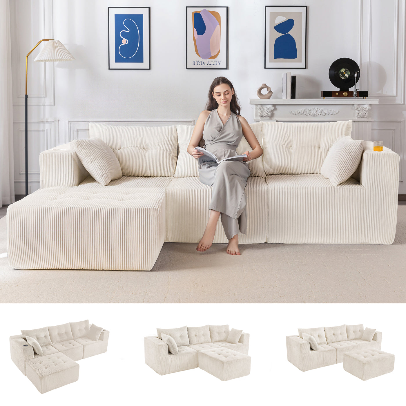 MAXYOYO Modular Sectional Sofa Couch, L Shaped Modern Cloud Couch with 1 Ottoman, Sofa in A Box, Tufted 4-Seat Boneless Sleeper Chair for Living Room, No Assembly Required, Beige