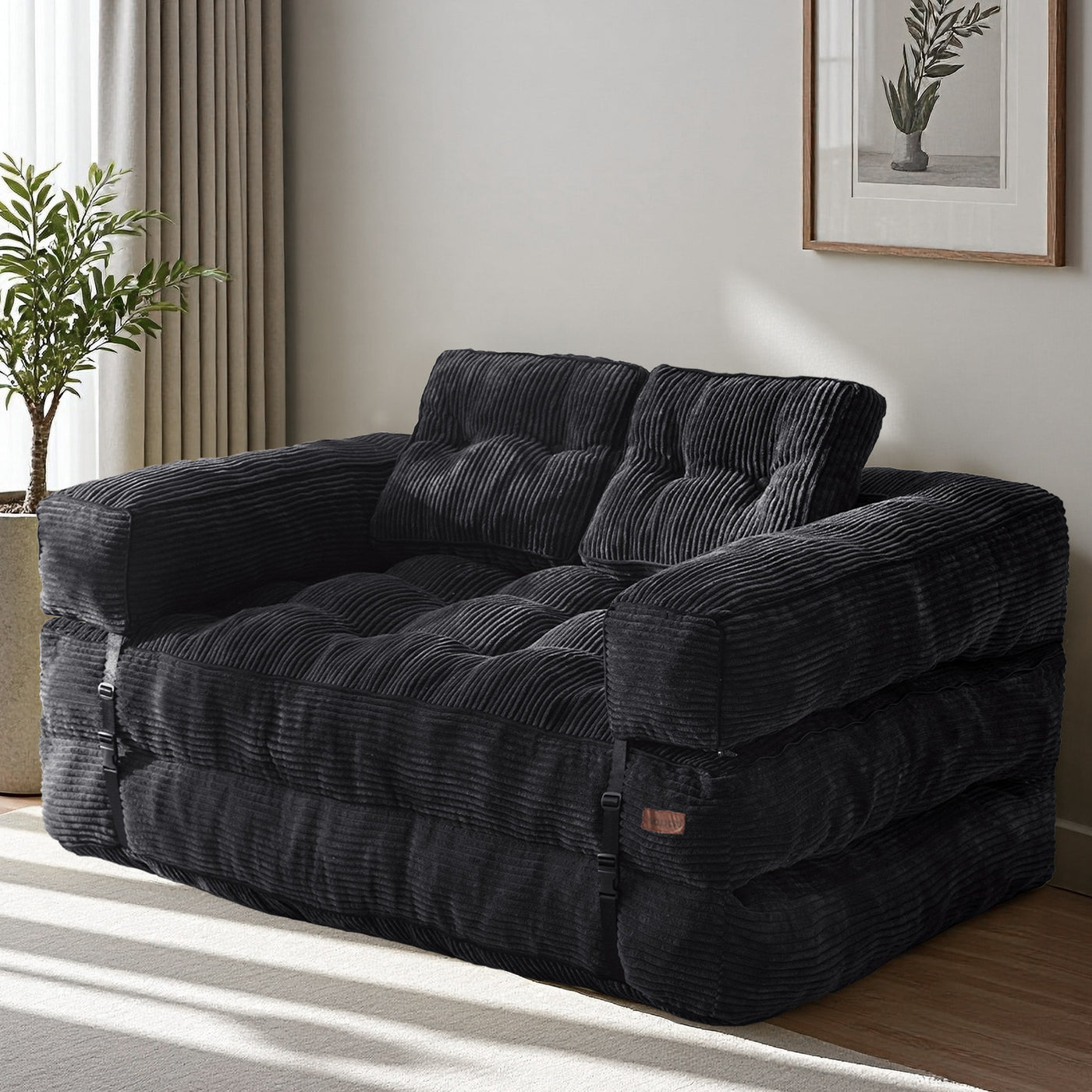 MAXYOYO 2-Seat L-Shaped Sofa Bed – Folding Sleeper Couch with Armrest for Cozy Living, Black