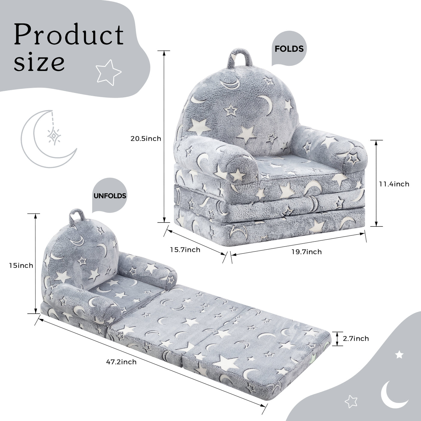 MAXYOYO Foldable Kids Sofa, Shiny Children Couch Backrest Armchair Bed with Pocket, Moon andStar Pattern