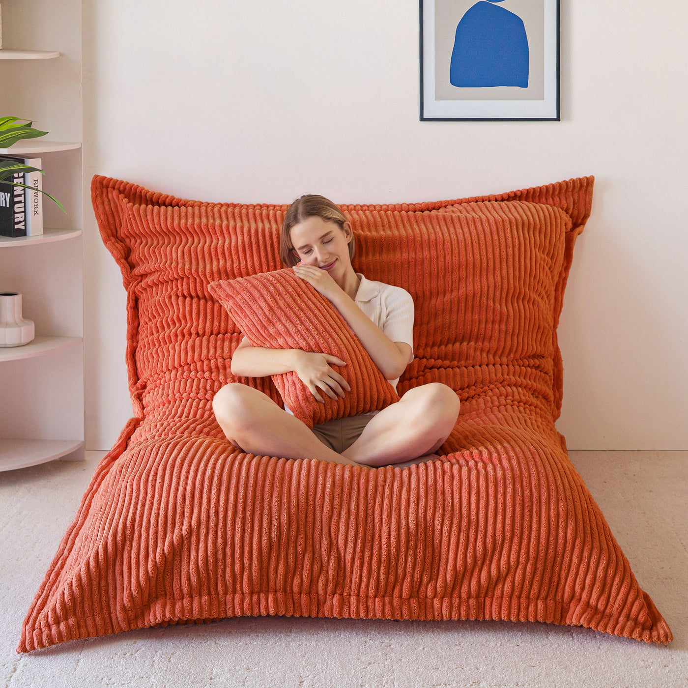 MAXYOYO Giant Bean Bag Chair with Pillow, 3 in 1 Convertible Bean Bag Bed for Adults with Washable Cover, Removable Floor Cushion Stuffed Floor Lounger for Living Room Bedroom, Orange