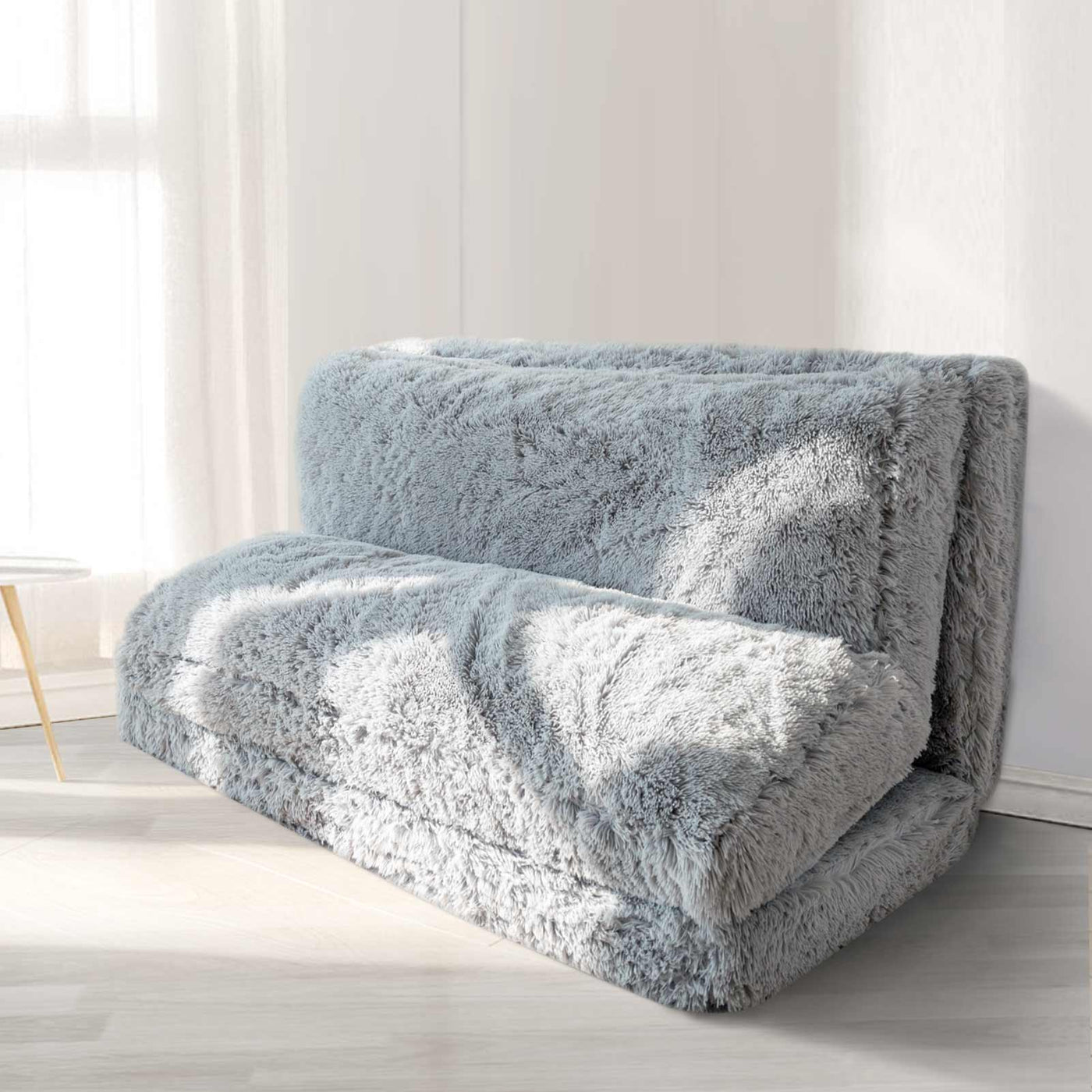 MAXYOYO Bean Bag Folding Floor Sofa Bed, Faux Fur Foam Filling Wall Couch Sleeper Chairs, Grey