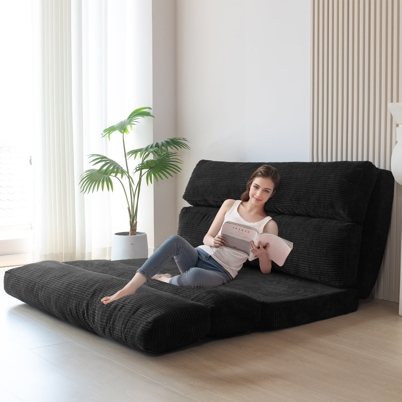 MAXYOYO Bean Bag Folding Sofa Bed, Corduroy Extra-Wide Foldable Floor Mattress, Black