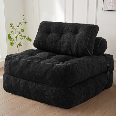 MAXYOYO Fuzzy Folding Sofa Bed, Convertible Sleeper Chair with Pillow Foldable Mattress with Back Support, Black