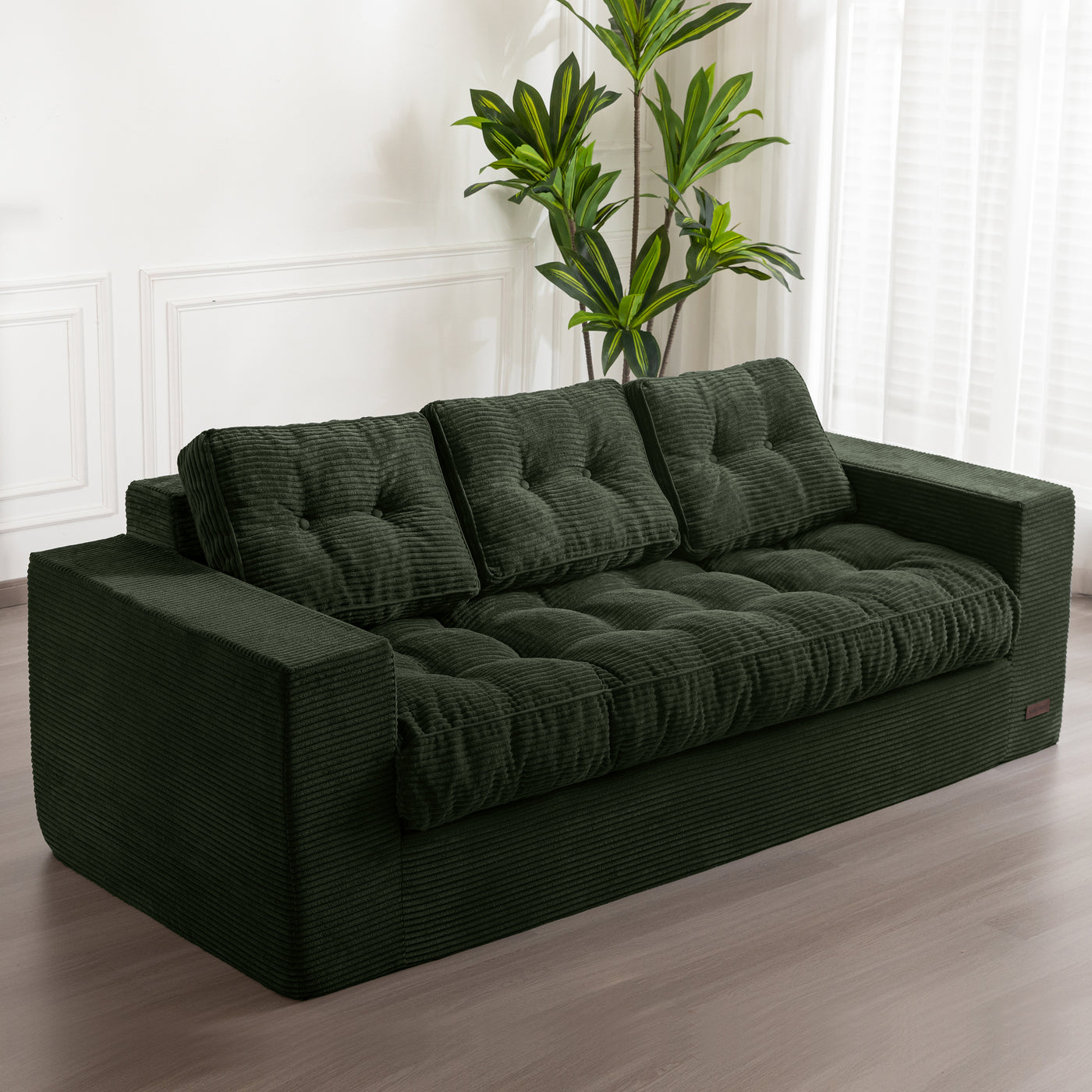 MAXYOYO 3 Seater Couch for Living Room, Boneless Couch with Tufted Cushion & Backrest, Upholstered Floor Sofa, Sofa in A Box, Dark Green