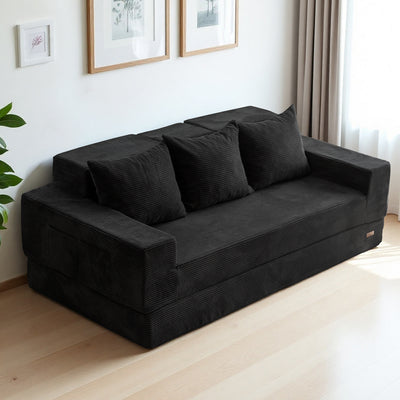 MAXYOYO 4-in-1 3-Seater Foldable Sofa Bed – Corded Convertible Floor Couch with Cup Holders, No Assembly, Black