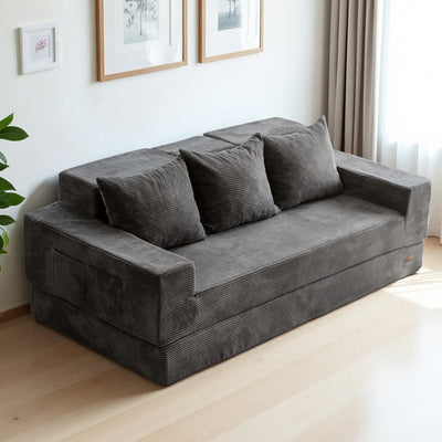 MAXYOYO 3-Seater Floor Sofa Bed – Corded 4-in-1 Reclining Couch with Cup Holders & Pillows, Dark Grey