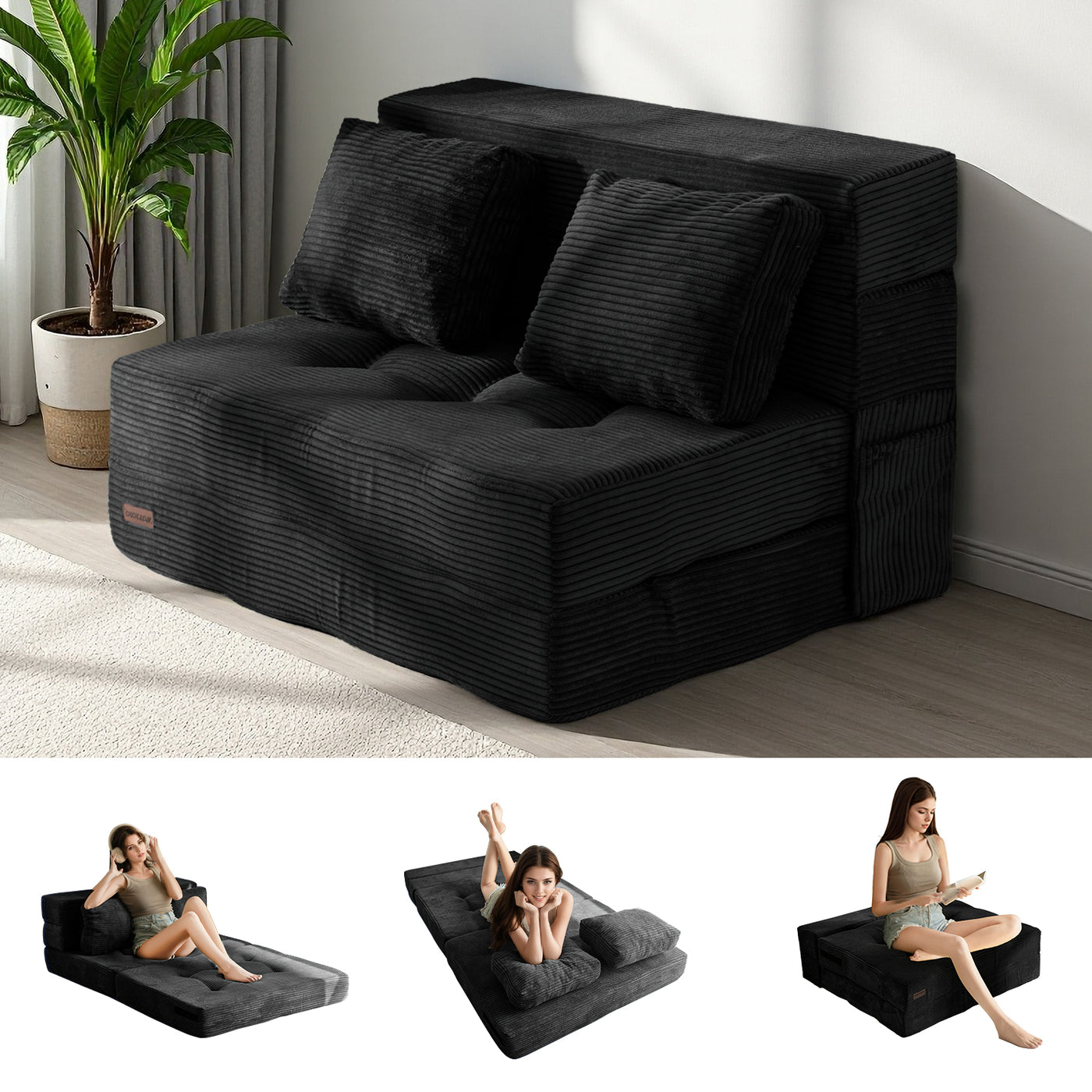 MAXYOYO 4-in-1 Convertible Sofa Bed Chair – Tufted Folding Floor Couch with Pillow, Black