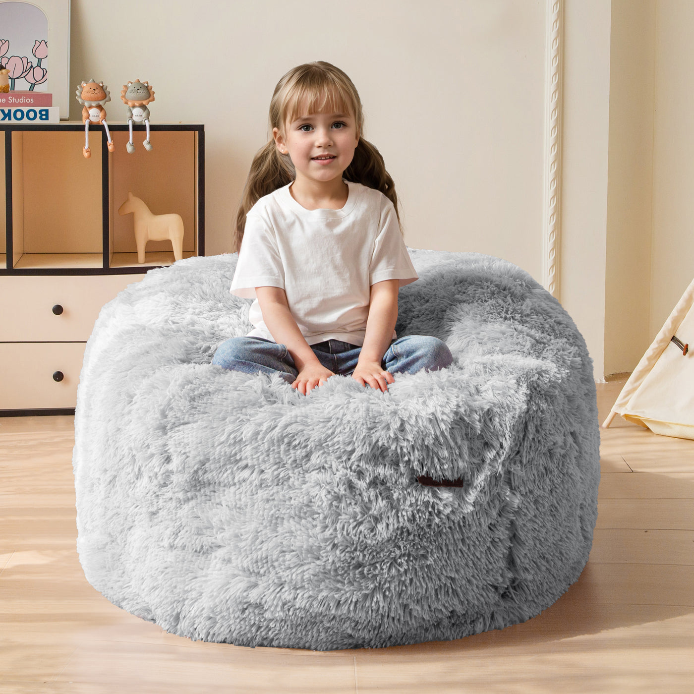 MAXYOYO Kids Bean Bag Chair, Stuffed Faux Fur Bean Bag for Toddler, Ultra Soft Floor Sofa with High-Density Foam Filling, Lazy Chair for Living Room, Playroom, Nursery Room,Grey