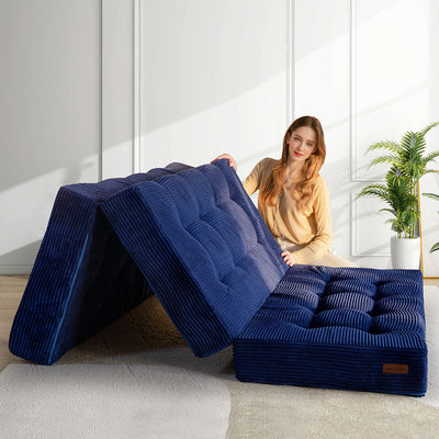 MAXYOYO Tri-Fold Mattress, 6 Inch Tufted Folding Mattress Full Foam Bed with Corded Fabric, Navy