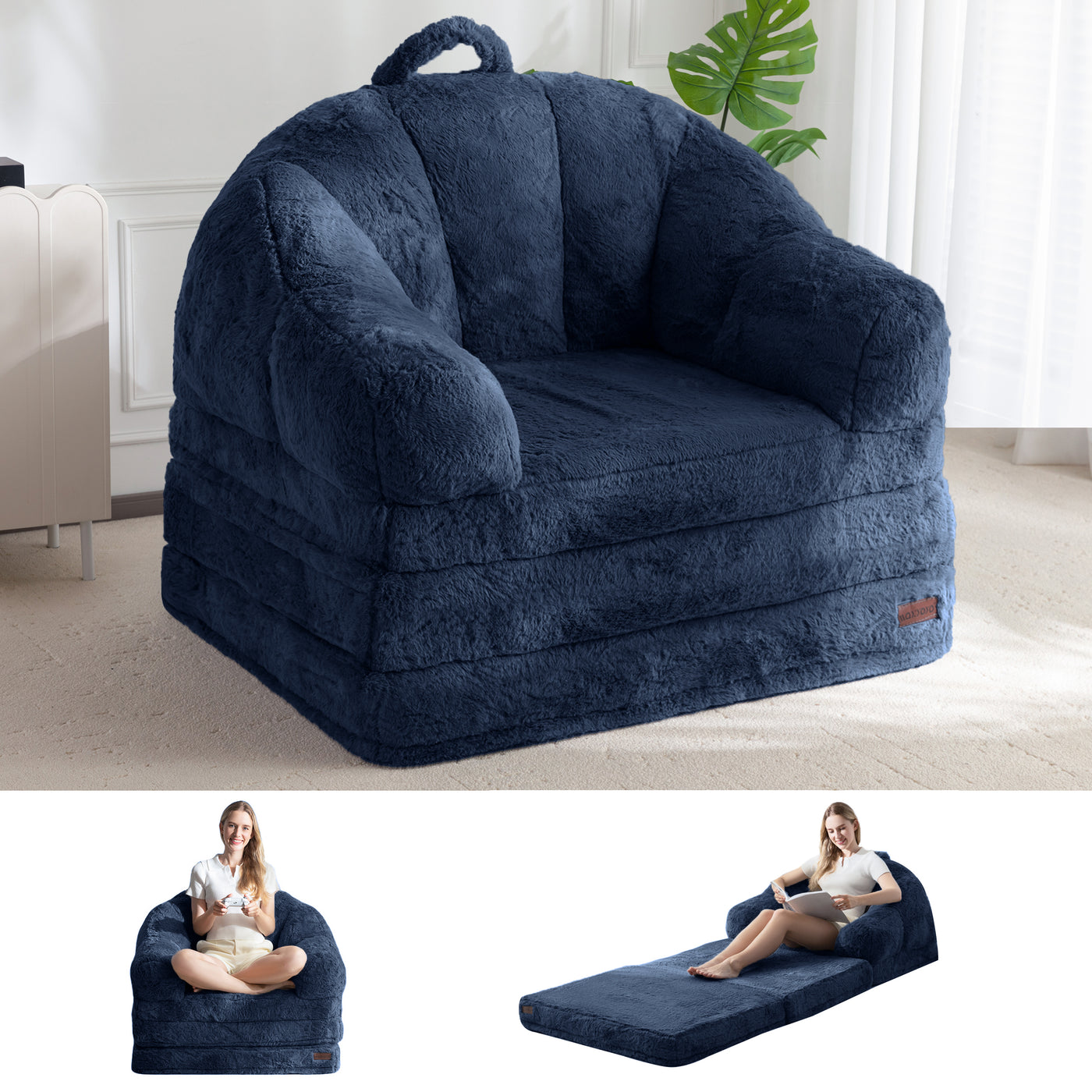 MAXYOYO Folding Sofa Bed, 2 in 1 Convertible Sofa to Lounger Comfy Single Bean Bag Chair for Adults, Floor Sleeper Couch with Handle, Faux Fur Couch Bed for Living Room Bedroom