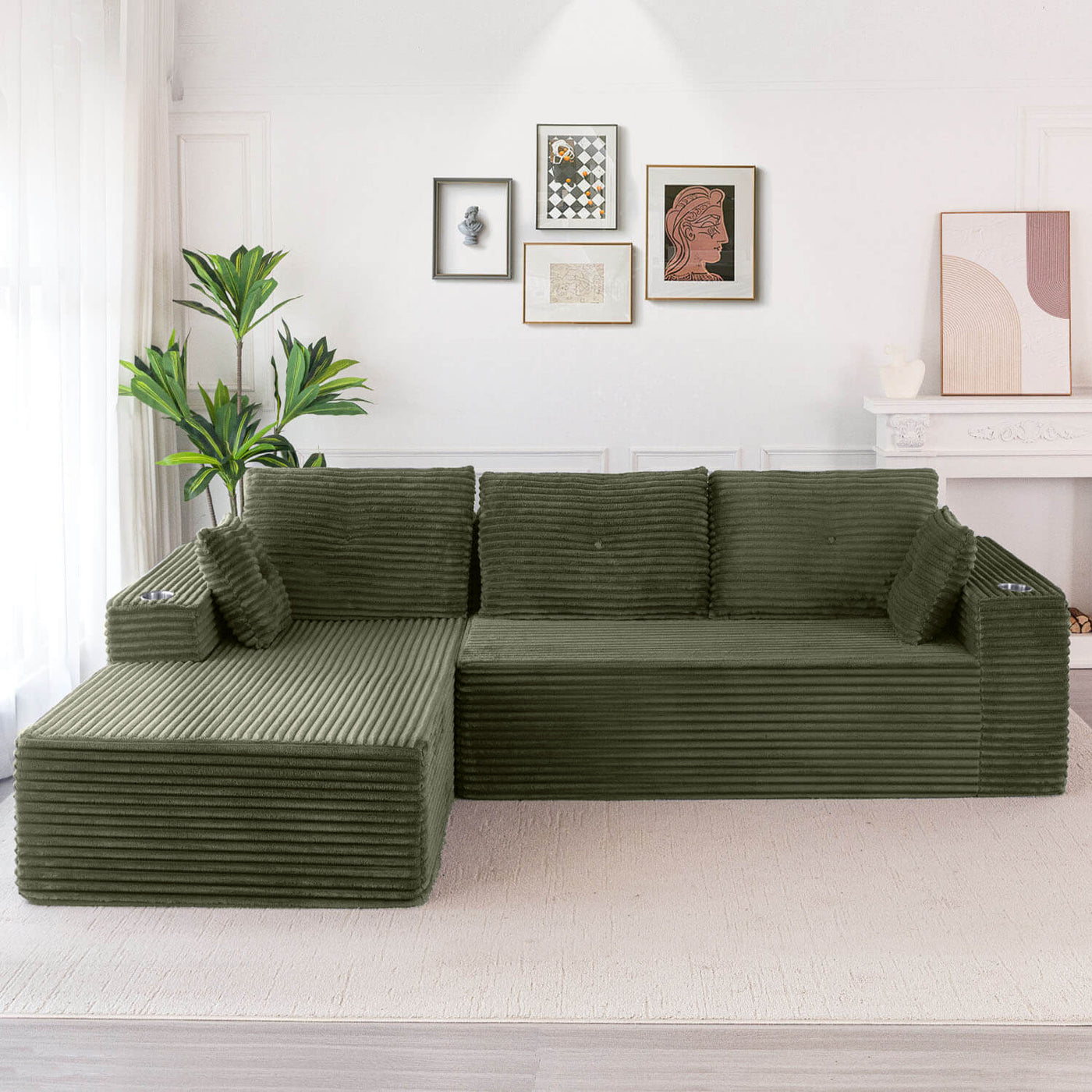 MAXYOYO 104" L-Shape Sectional Sofa - Corduroy Cloud Modular Couch for Living Room, Green