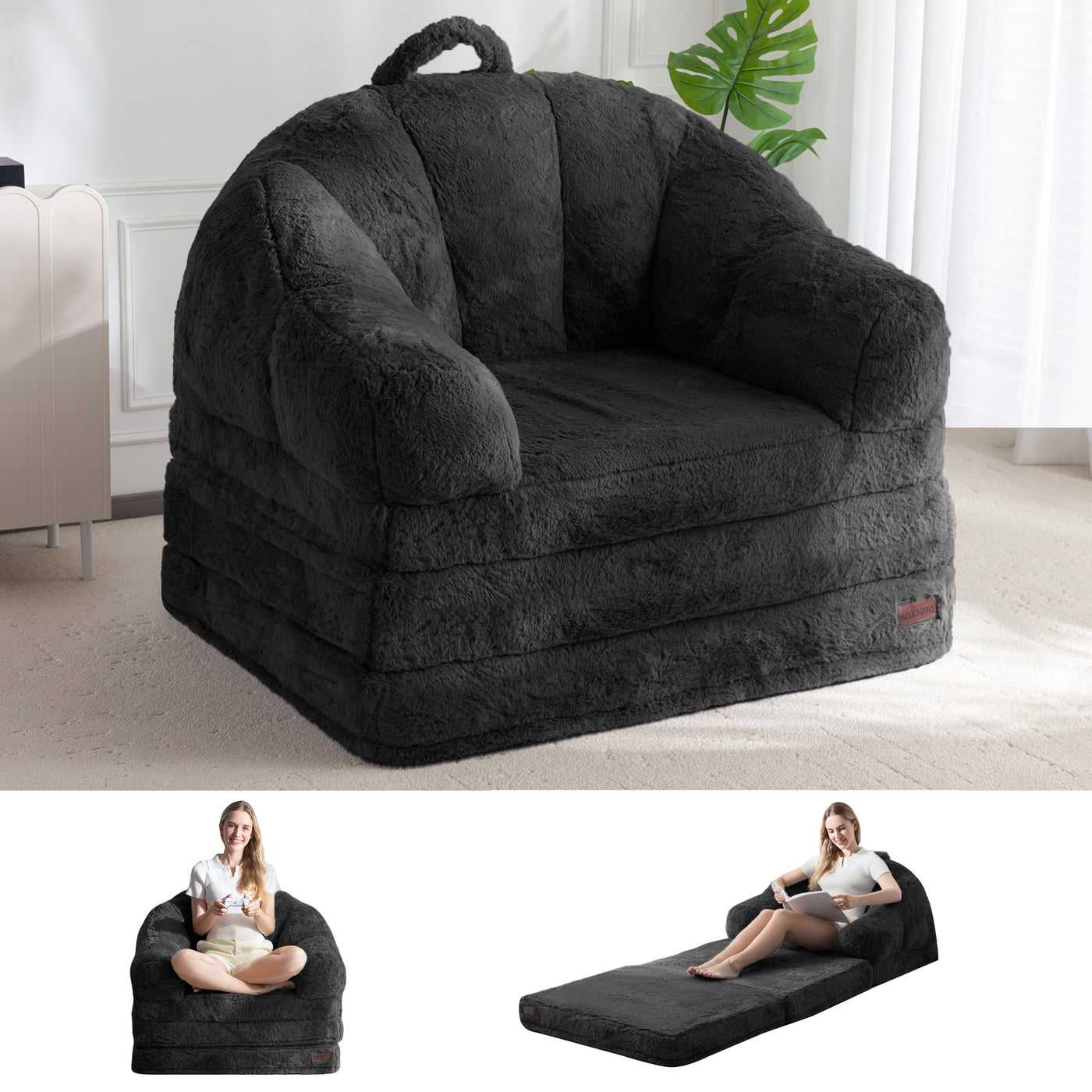 MAXYOYO Folding Sofa Bed, 2 in 1 Convertible Sofa to Lounger Comfy Single Bean Bag Chair for Adults, Floor Sleeper Couch with Handle, Faux Fur Couch Bed for Living Room Bedroom