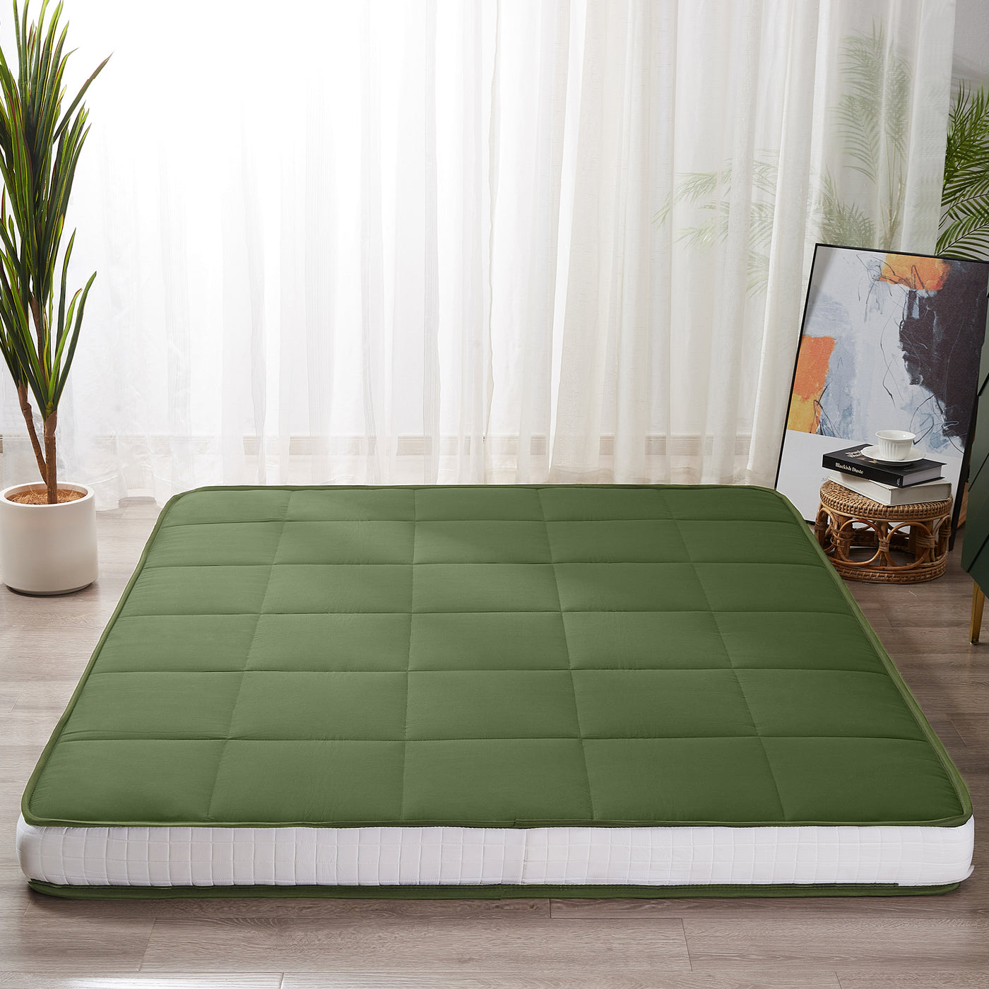 MAXYOYO 6" Extra Thick Square Floor Futon Mattress, Topper Mattress Pad, Green