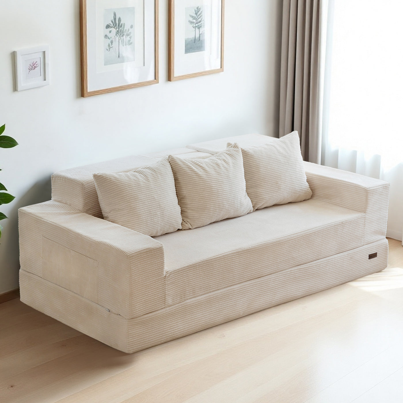 MAXYOYO Convertible 3-Seater Sofa Bed – Corded Foldable Floor Recliner with Cup Holders, Beige