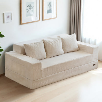 MAXYOYO Convertible 3-Seater Sofa Bed – Corded Foldable Floor Recliner with Cup Holders, Beige