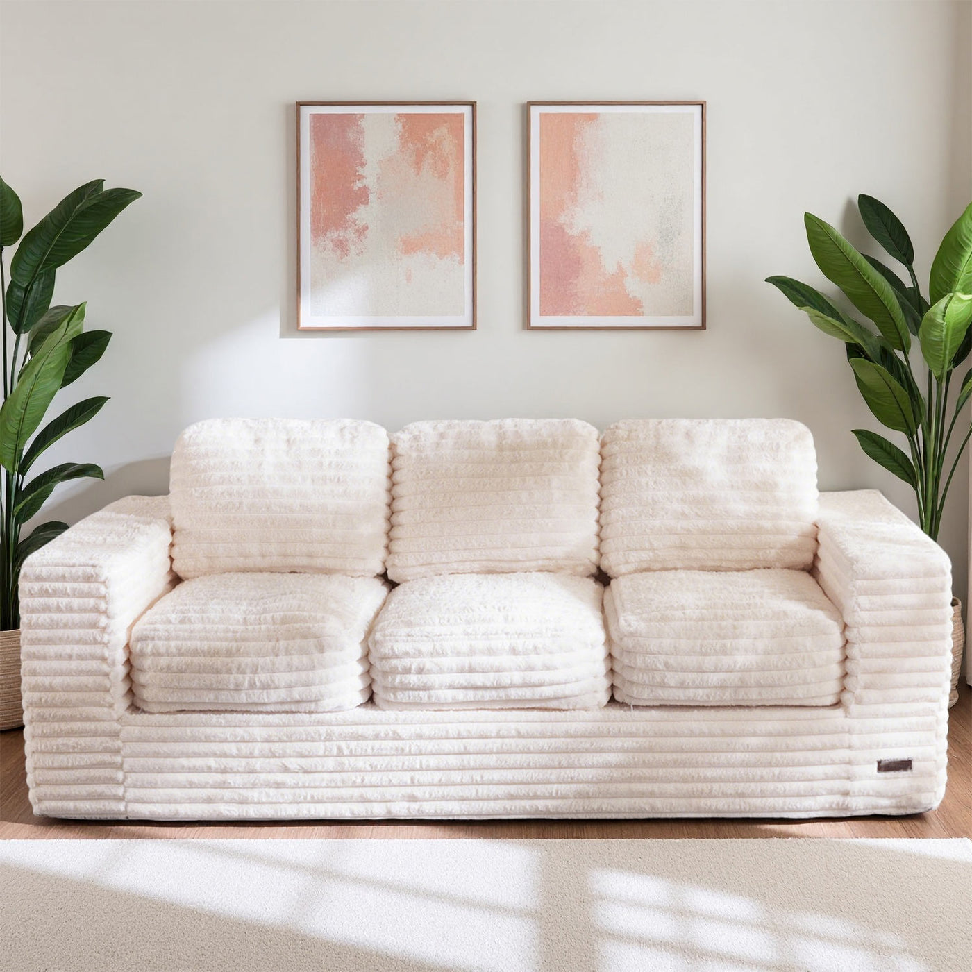 MAXYOYO 3-Seater Faux Fur Sofa – Fluffy Boneless Couch with Pillows in a Box, Faux Fur Lounge, No Assembly