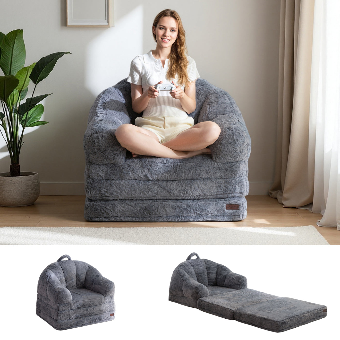 MAXYOYO 2-in-1 Folding Sofa Bed – Faux Fur Convertible Chair, Grey