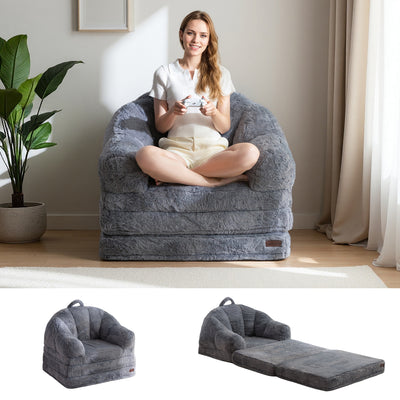 MAXYOYO 2-in-1 Folding Sofa Bed – Faux Fur Convertible Chair, Grey
