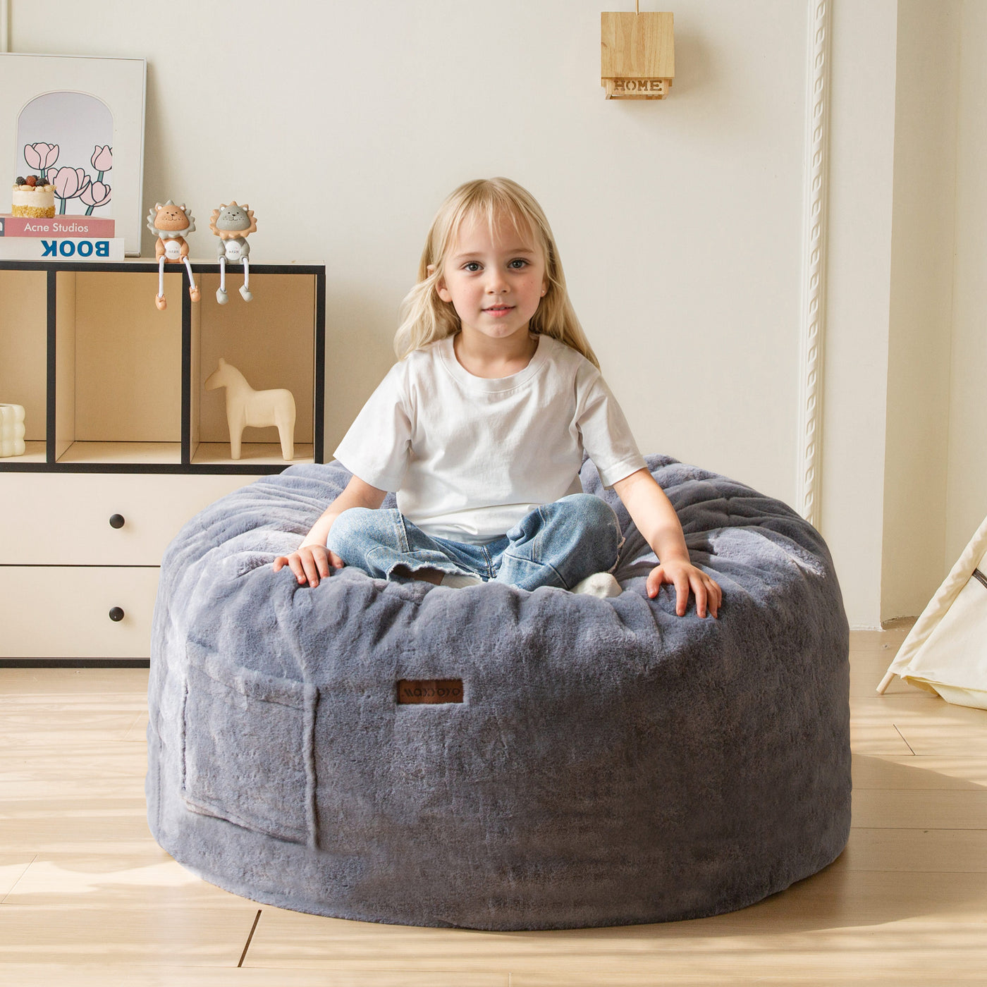MAXYOYO Kids Bean Bag Chair, Stuffed Faux Fur Bean Bag for Toddler, Ultra Soft Floor Sofa with High-Density Foam Filling, Lazy Chair for Living Room, Playroom, Nursery Room,DGrey