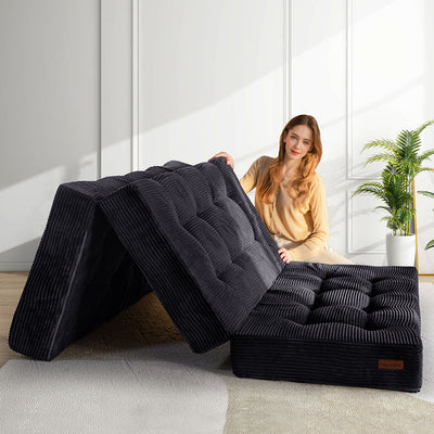 MAXYOYO Tri-Fold Mattress, 6 Inch Tufted Folding Mattress Full Foam Bed with Corded Fabric, Black