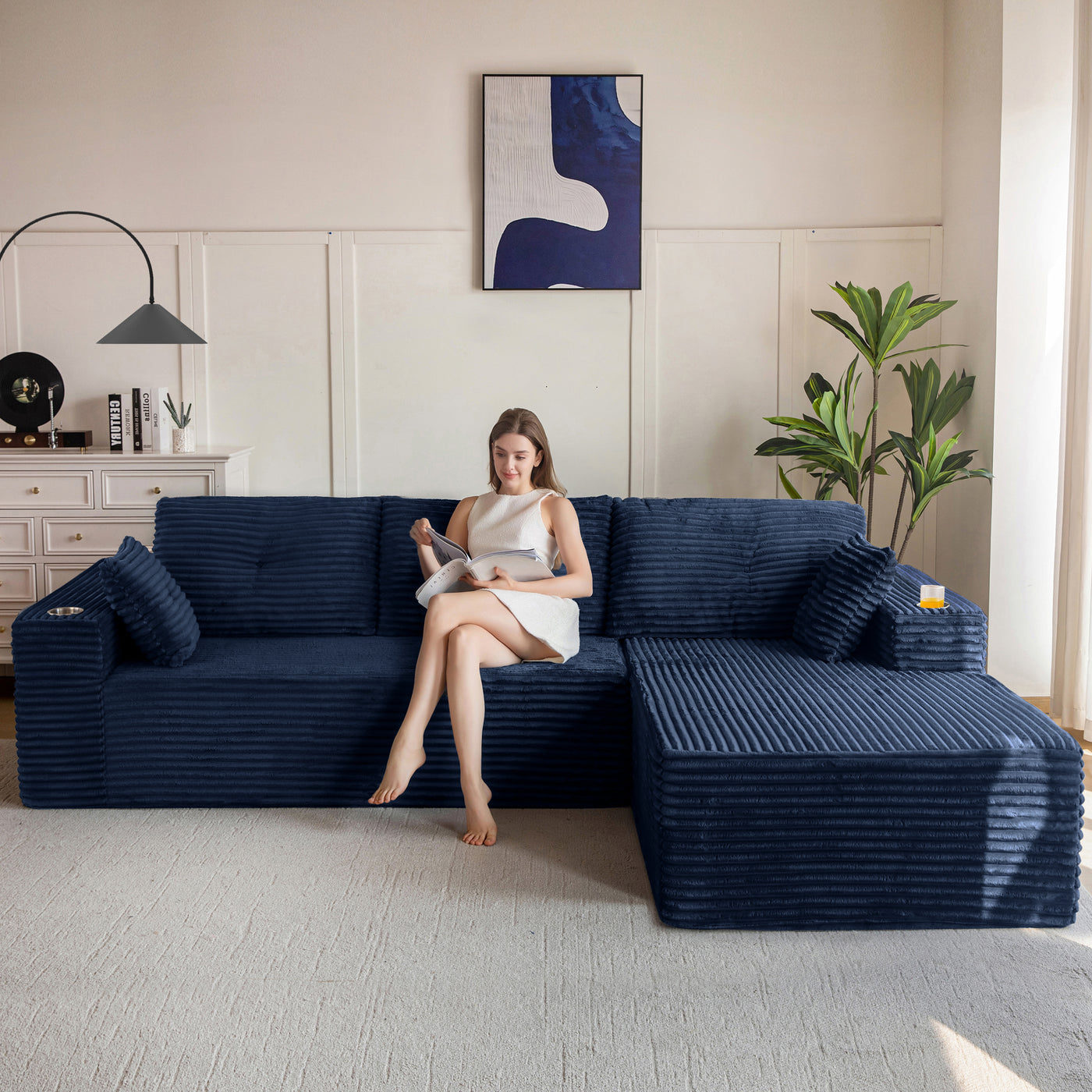 MAXYOYO 104" Modular Sectional Couch with L-Shape Chaise, Modern Boneless Couch for Living Room, Sofa in A Box, Oversized Sofa Sleeper with Deep Seat, No Assembly Required, Navy