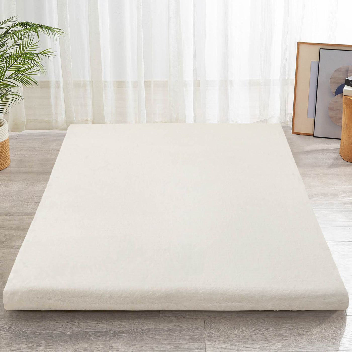 MAXYOYO Faux Fur Mattress Topper Removable Futon Mattress, Fluffy Futon Mattress for lounging, napping, or sleeping (Cream)