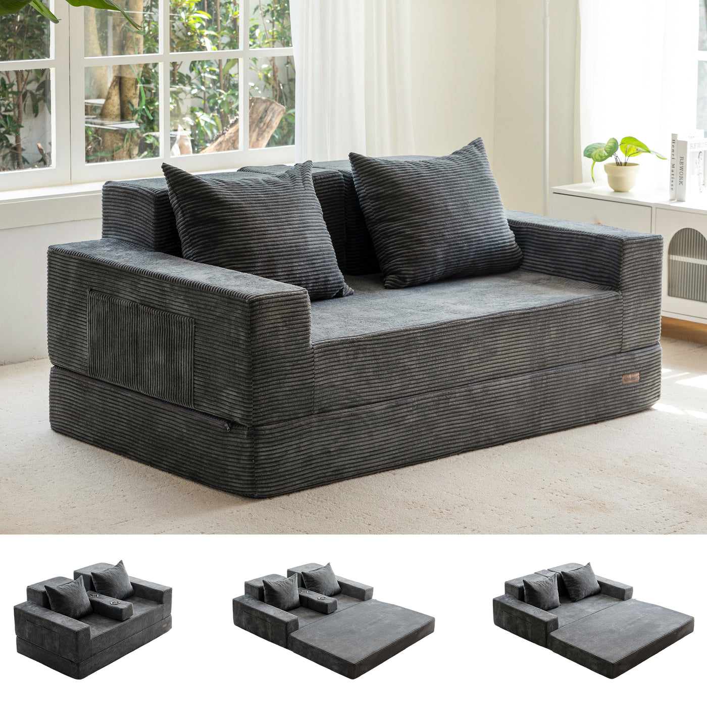 MAXYOYO Loveseat Sofa Bed, 4 in 1 Foldable Floor Sofa Couch in A Box with 2 Cup Holders, Convertible Boneless Couch Folding Recliner Sleeper Chair for Living Room, No Assembly Required