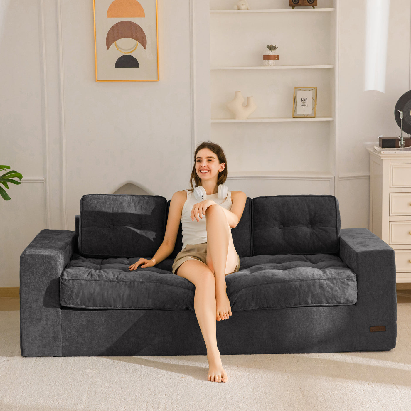 MAXYOYO Boneless Sofa Couch, Loveseat Sofa for Small Space, Tufted 3-Seater Floor Couch Bean Bag Chair for Living Room Bedroom Apartment, Sofa in a Box, No Assembly Needed