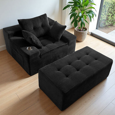 MAXYOYO Oversized Chaise Lounge Sofa with Ottoman – Deep Seat Tufted Floor Couch with 3 Pillows, Black