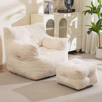 MAXYOYO Tufted Bean Bag Chair with Ottoman, Corduroy Bean Bag Couch Lazy Chair with Filler for Adult, Beige