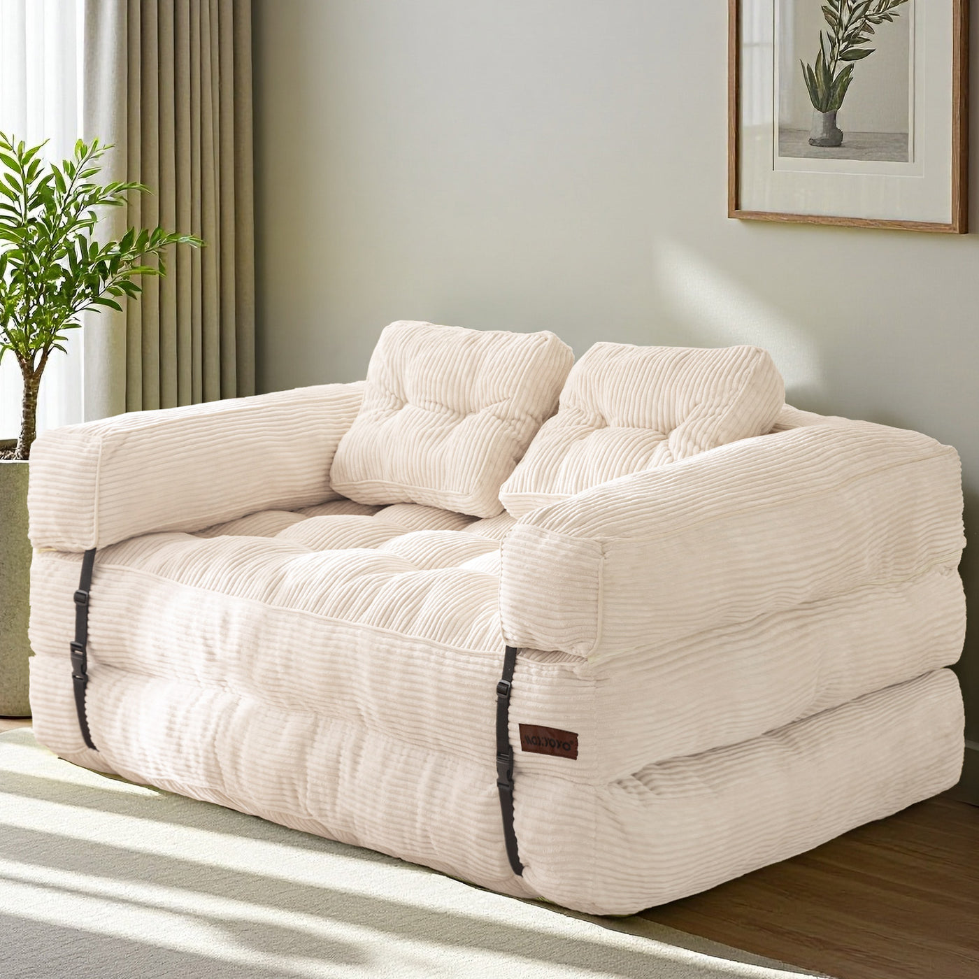 MAXYOYO Folding Sofa Bed, L-Shaped Two-Seat Convertible Sofa Bed with Armrest, Beige