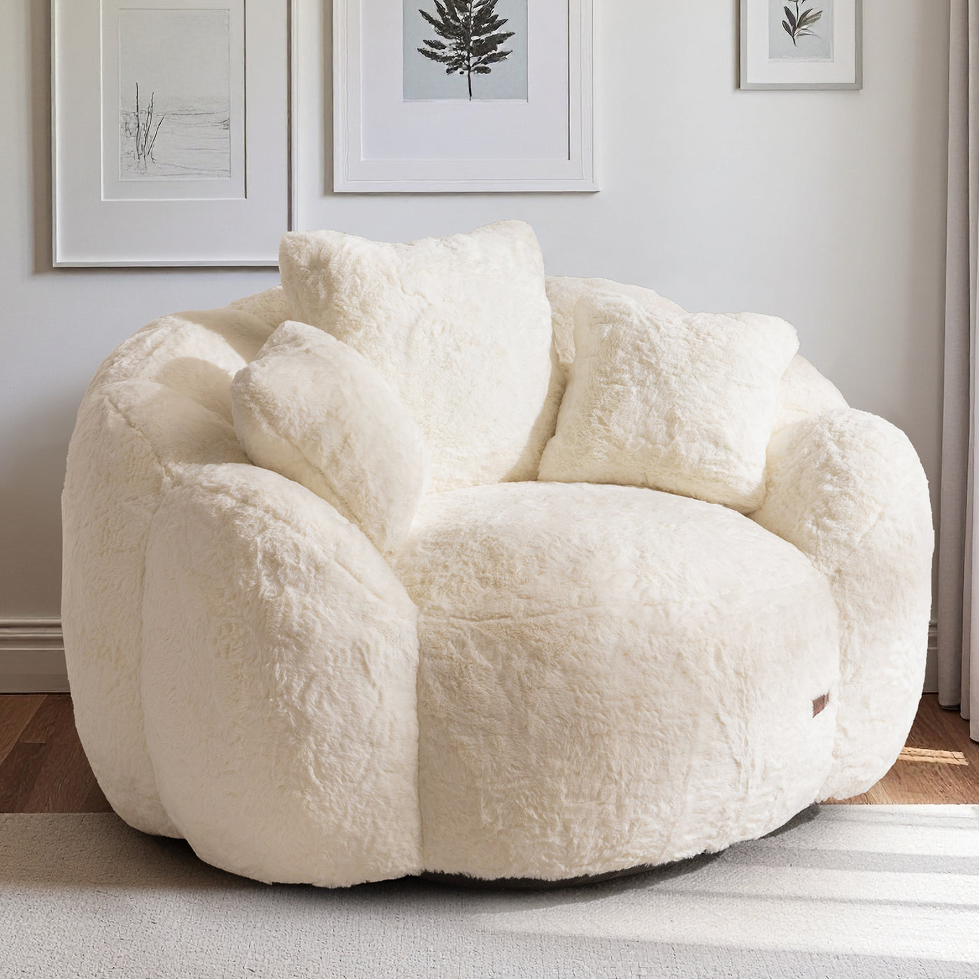 MAXYOYO Oversized Floral Bean Bag Chair – Ultra Soft Faux Fur Lounge Sofa with 3 Pillows, Beige