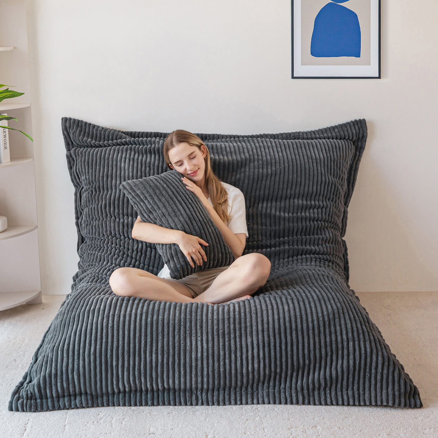 MAXYOYO Giant Bean Bag Chair with Pillow, 3 in 1 Convertible Bean Bag Bed for Adults with Washable Cover, Removable Floor Cushion Stuffed Floor Lounger for Living Room Bedroom, Dark Grey