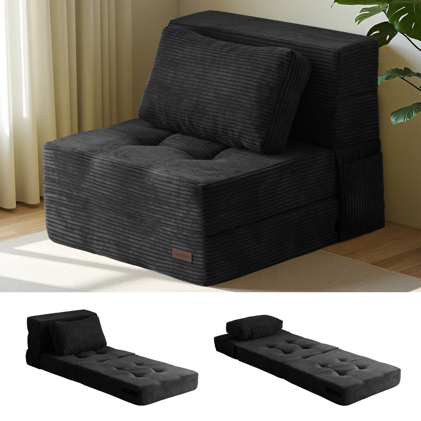 MAXYOYO 4-in-1 Convertible Sofa Bed Chair – Tufted Folding Floor Couch with Pillow, Black