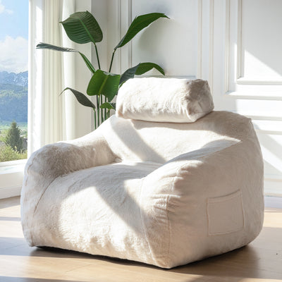 MAXYOYO Giant Bean Bag Chair with Pillow, Faux Fur Fabric Fluffy Large Bean Bag Chair Couch for Reading and Gaming, Beige