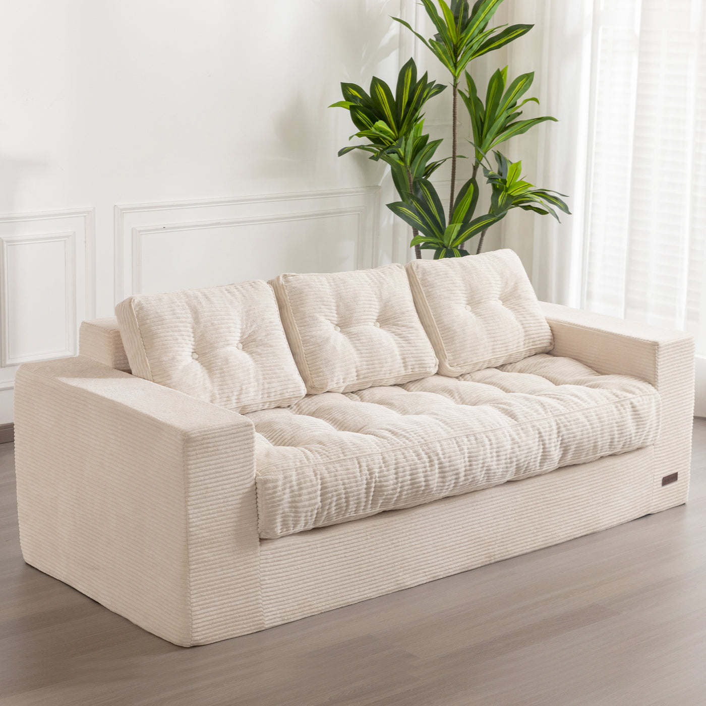 MAXYOYO 3 Seater Couch for Living Room, Boneless Couch with Tufted Cushion & Backrest, Upholstered Floor Sofa with Armrests, Sofa in A Box, No Assembly Required
