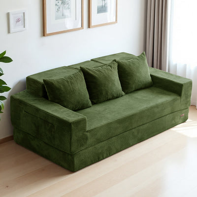 MAXYOYO 3-Seater Sofa Bed in a Box – Corded 4-in-1 Floor Couch with Cup Holders, No Tools Needed, Dark Green
