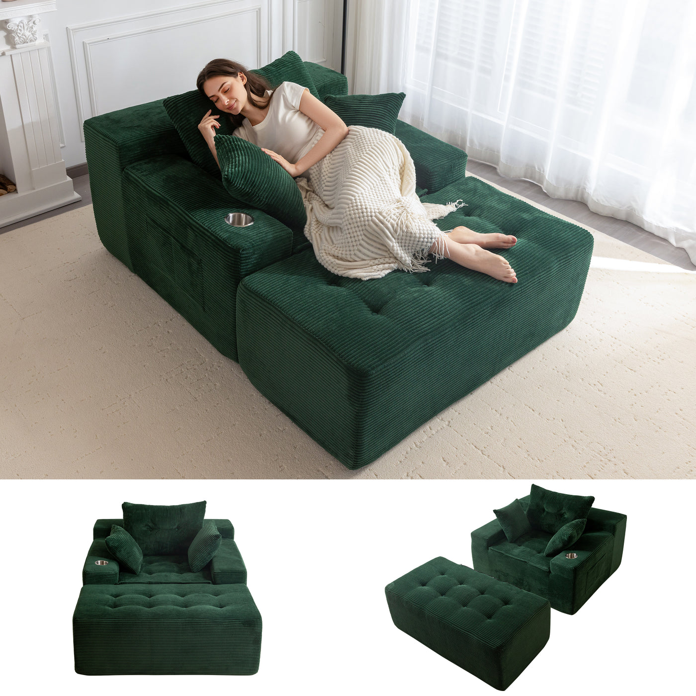 MAXYOYO Modular Sectional Chaise Lounge Sofa, Upholstered Lounge Chair with Pillows Indoor, Tufted Boneless Sofa Couch with Ottoman, Deep Seat Sleeper Chair for Living Room, No Assembly