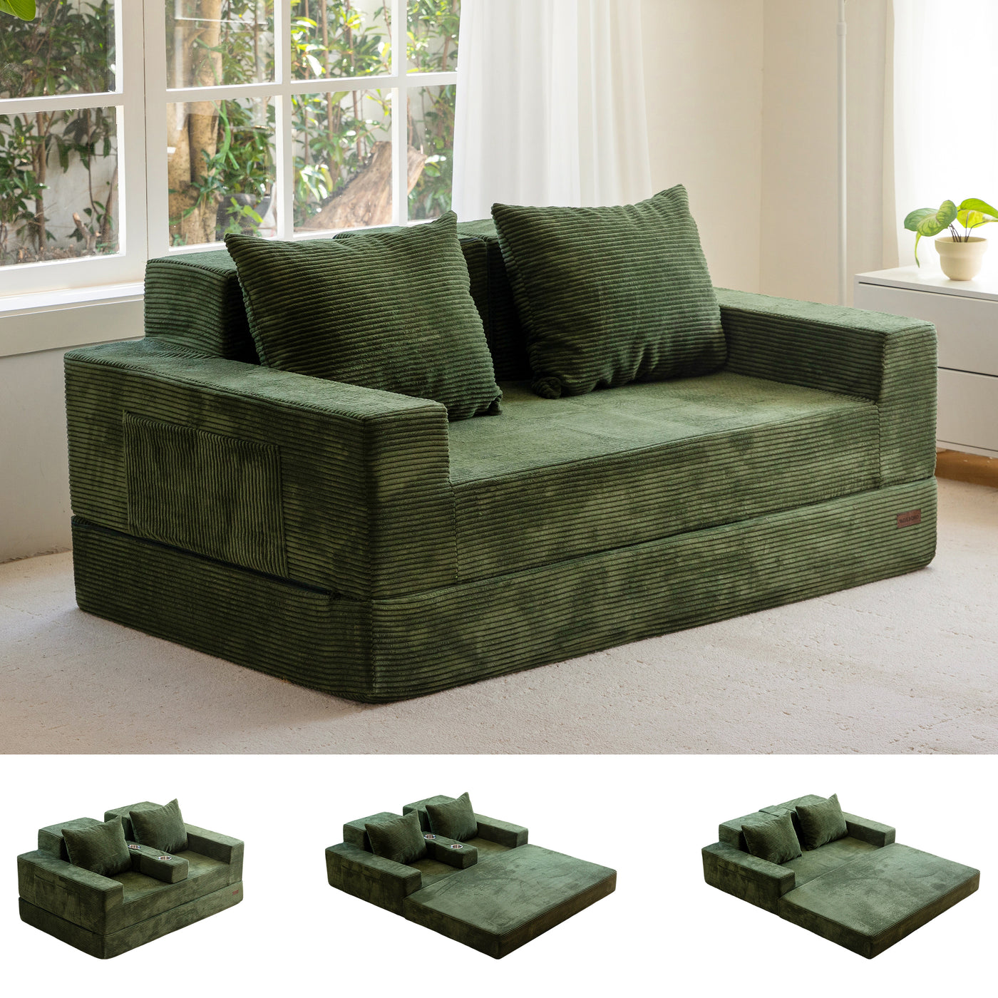 MAXYOYO Loveseat Sofa Bed, 4 in 1 Foldable Floor Sofa Couch in A Box with 2 Cup Holders, Convertible Boneless Couch Folding Recliner Sleeper Chair for Living Room, No Assembly Required